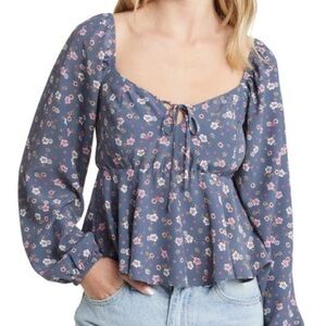 BP Nordstrom’s Blue Puff Sleeve Tie Front Blouse XXS NWOT